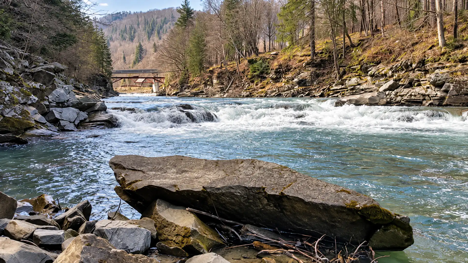 Гірська річка з кам’янистим водоспадом серед лісу в Яремчі, фото Fomich